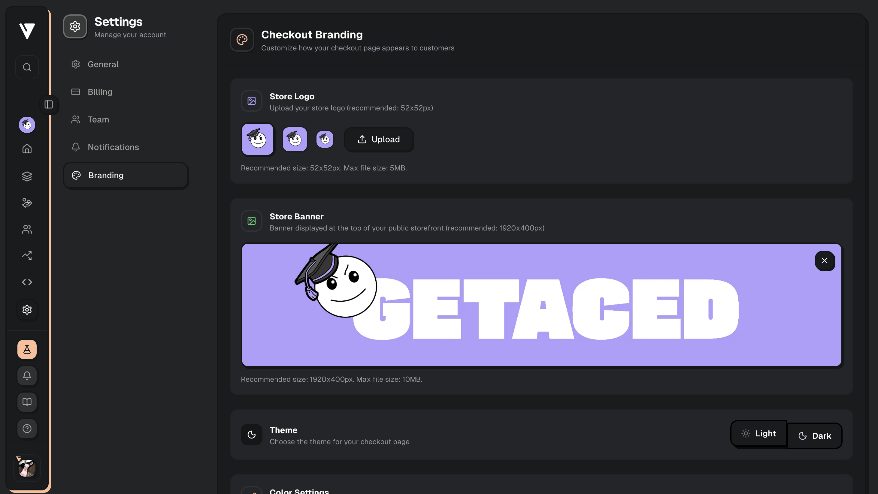 GETACED Creem.io dashboard — product, branding, and payment configuration