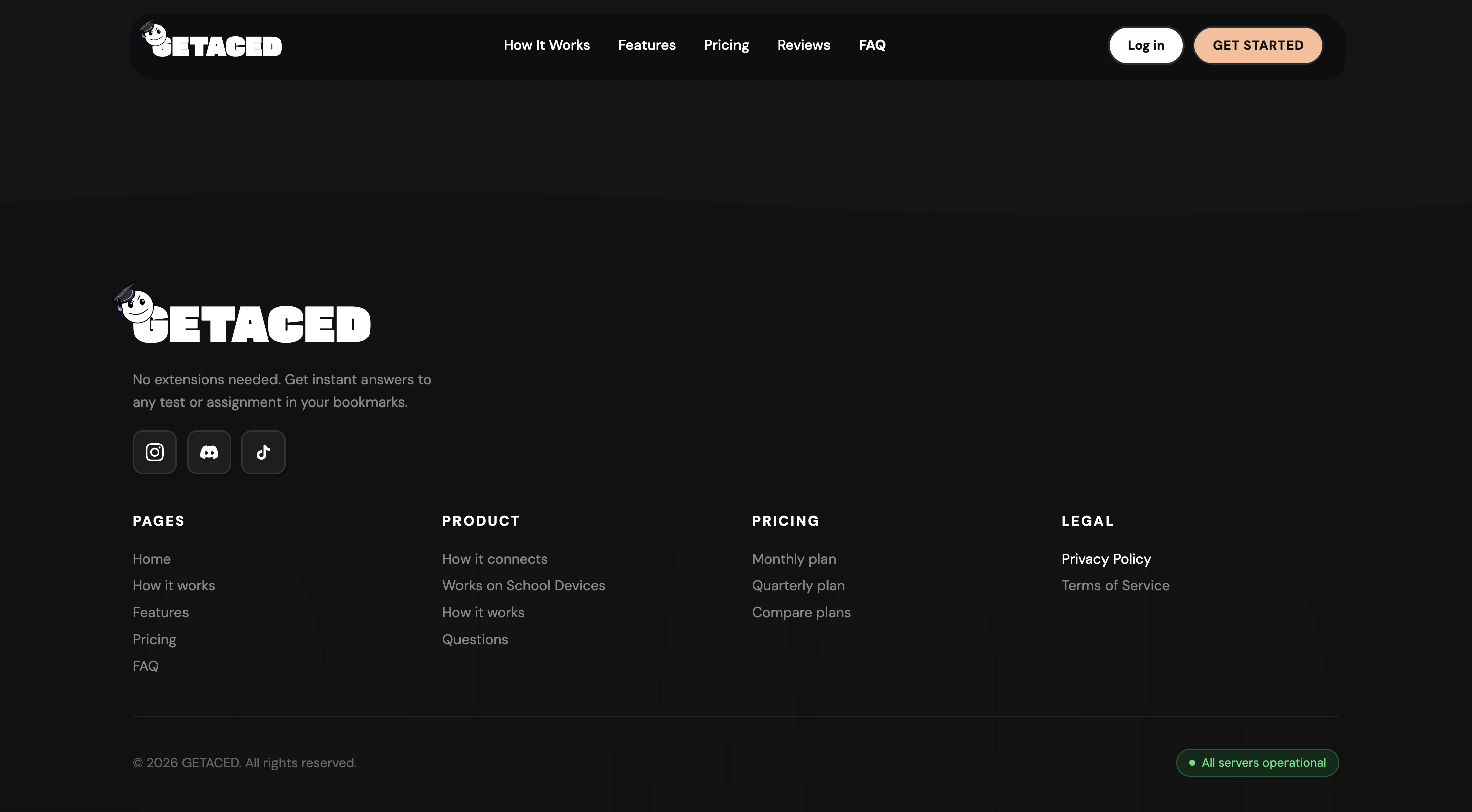 GETACED site footer — navigation, trust, and legal entry points