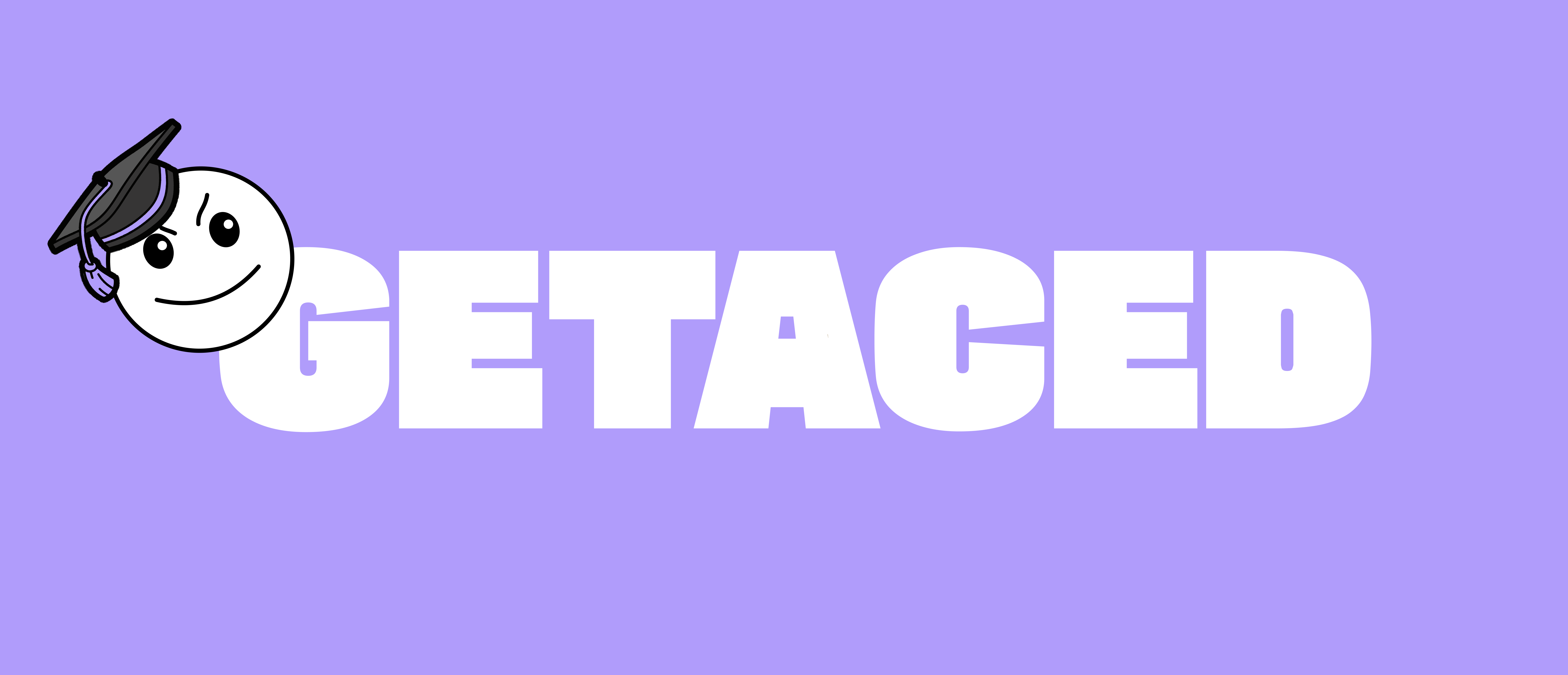 GETACED banner — wordmark and graduation mascot