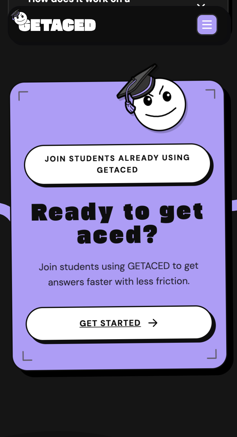 GETACED mobile site — Ready to get aced CTA