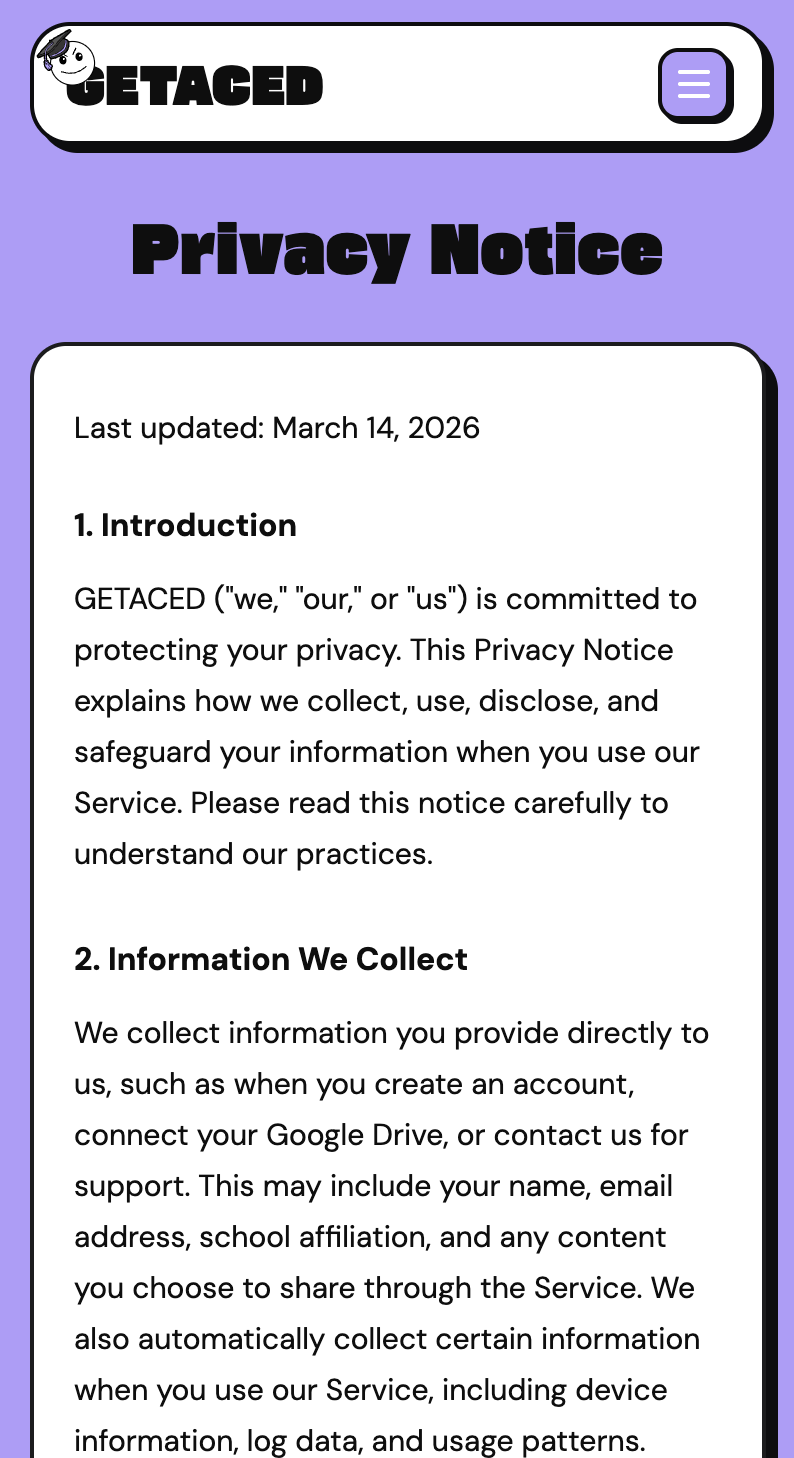 GETACED mobile Privacy Notice