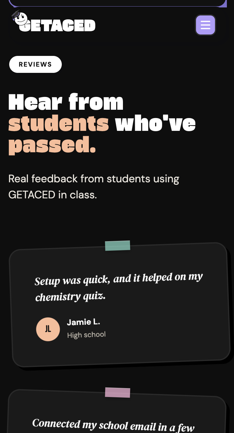 GETACED mobile site — student reviews