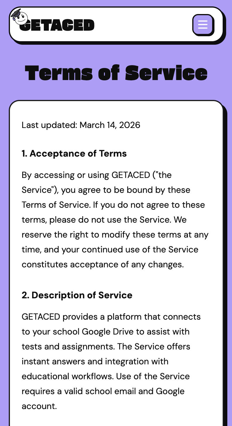 GETACED mobile Terms of Service