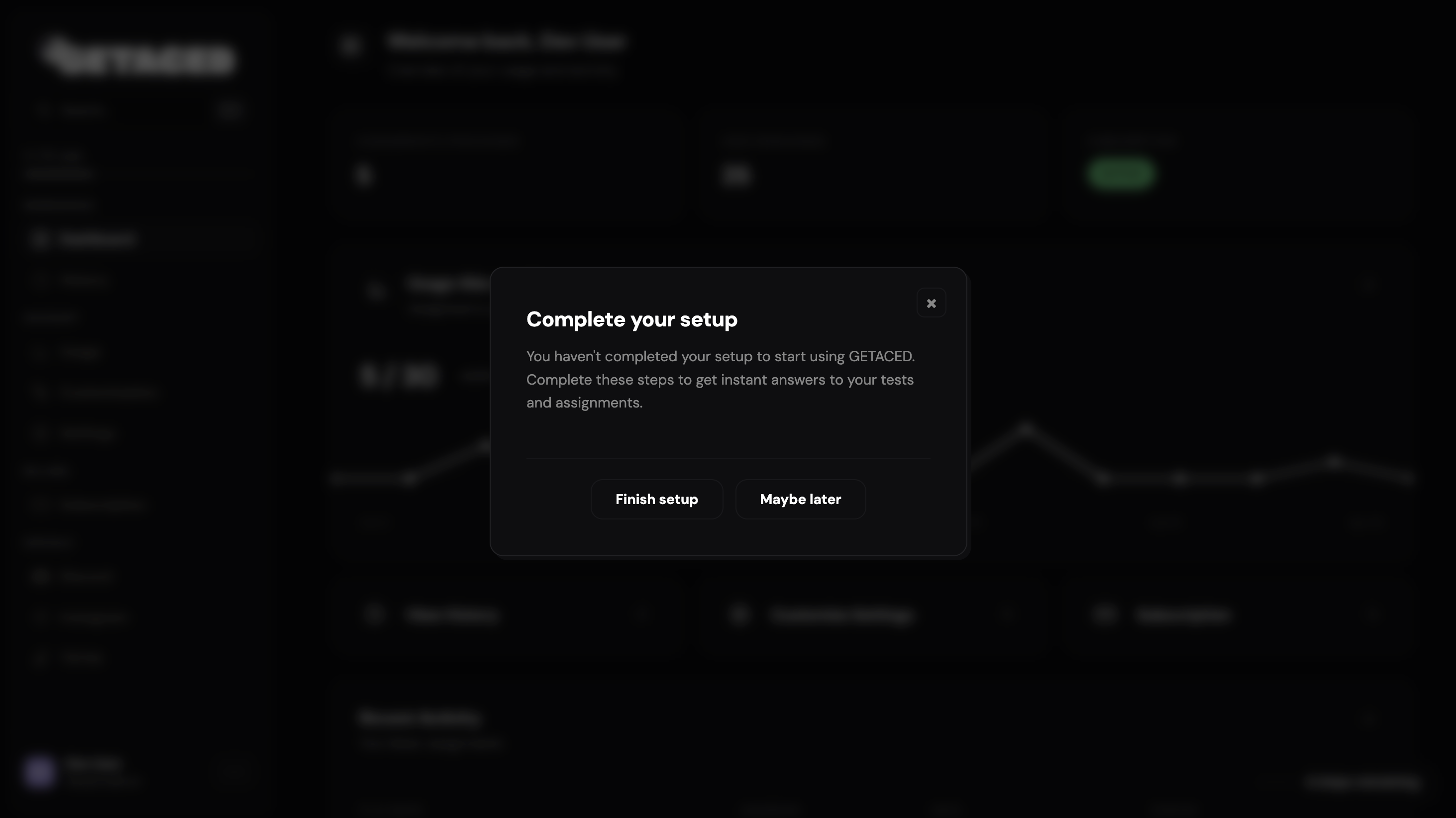 GETACED onboarding modal — guided setup without blocking the product