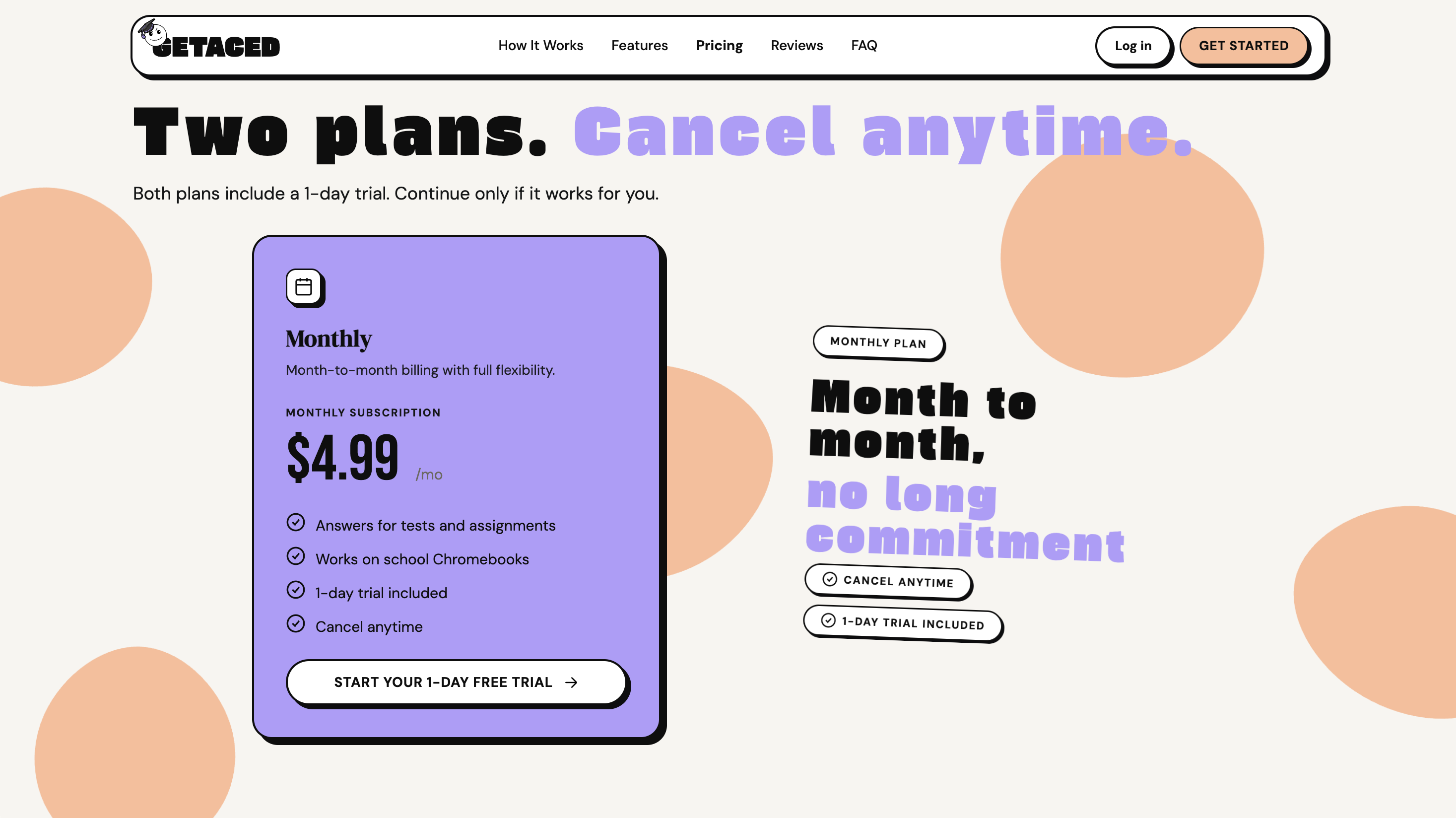 GETACED pricing section — plan comparison