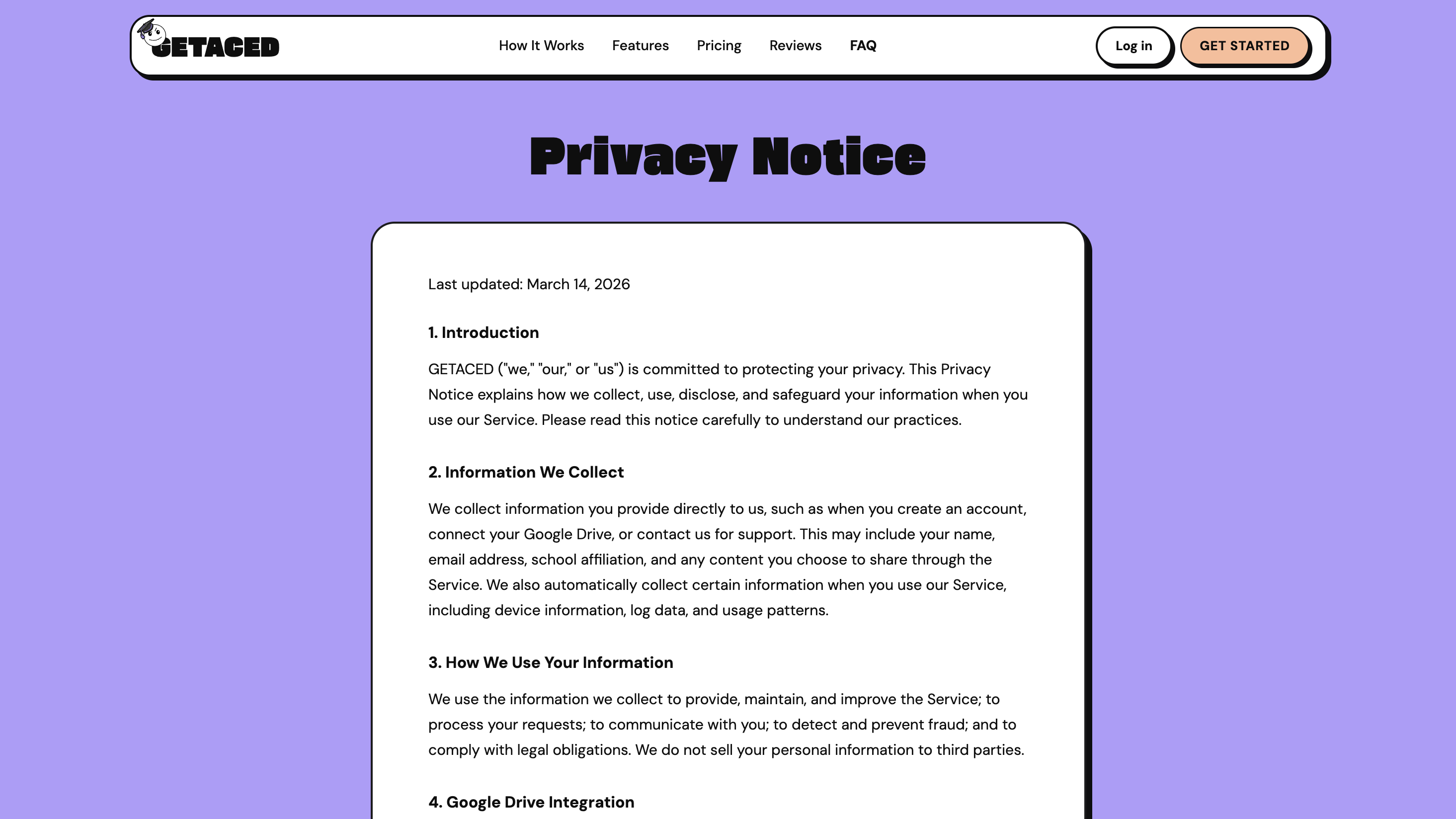 GETACED privacy policy — transparent data practices