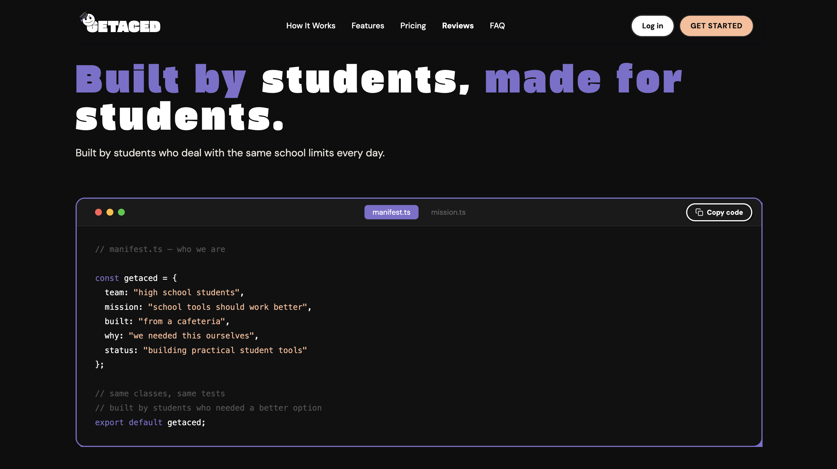 GETACED landing page — supporting section and value props