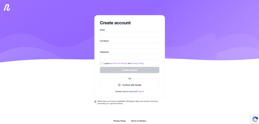Nuerlo create account — split purple auth wall with Google sign-in