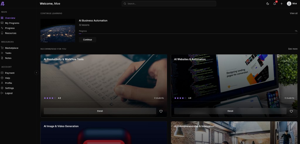 Nuerlo dashboard overview — Continue Learning and Recommended courses