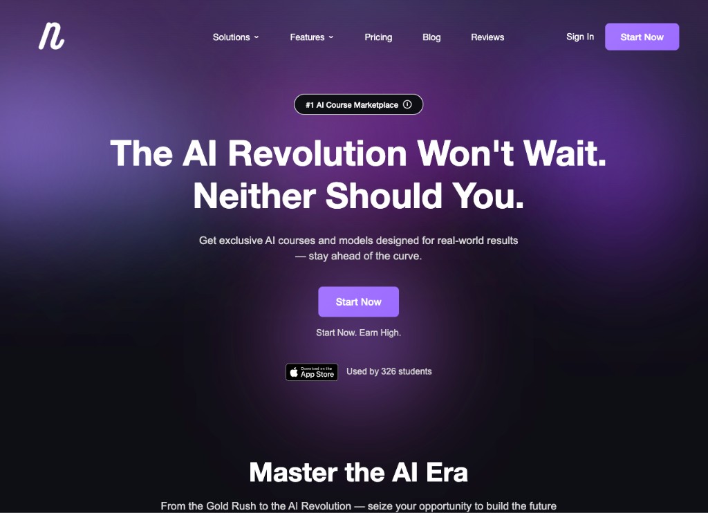 Nuerlo homepage hero — AI course marketplace headline and Start Now CTA