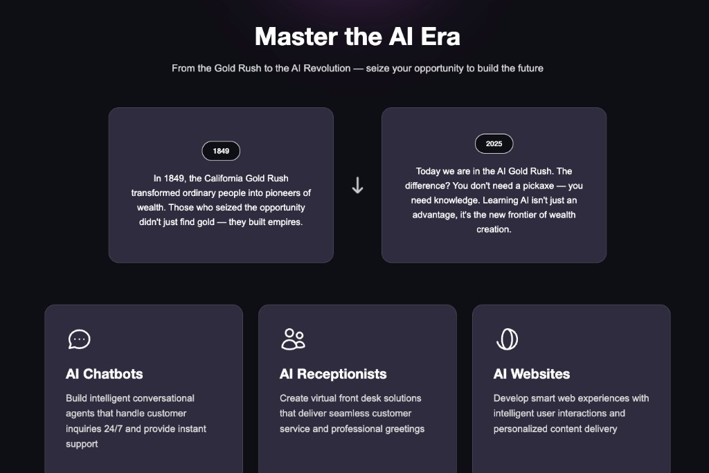 Nuerlo Master the AI Era — Gold Rush comparison and AI feature cards
