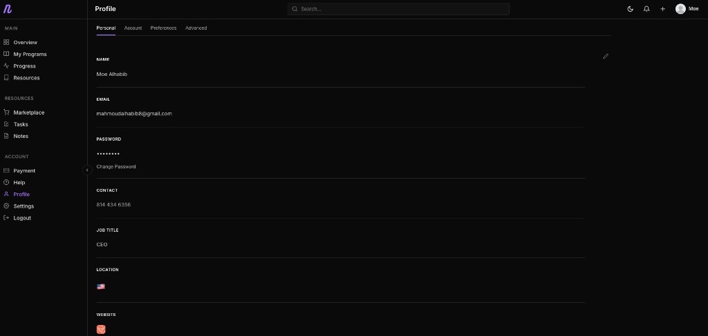 Nuerlo Profile — personal account details and tabs