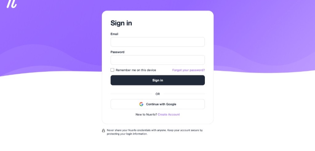 Nuerlo sign in — email, password, and Continue with Google