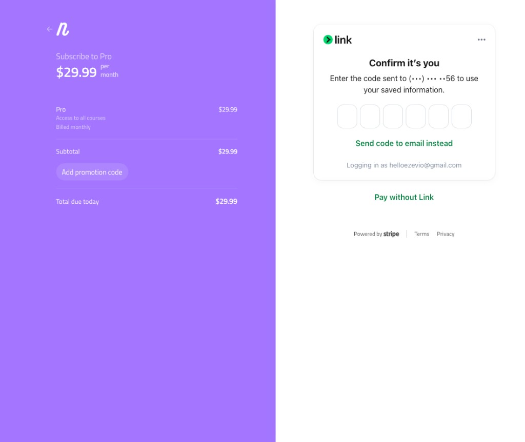 Nuerlo Stripe checkout — purple plan summary and Stripe Link payment