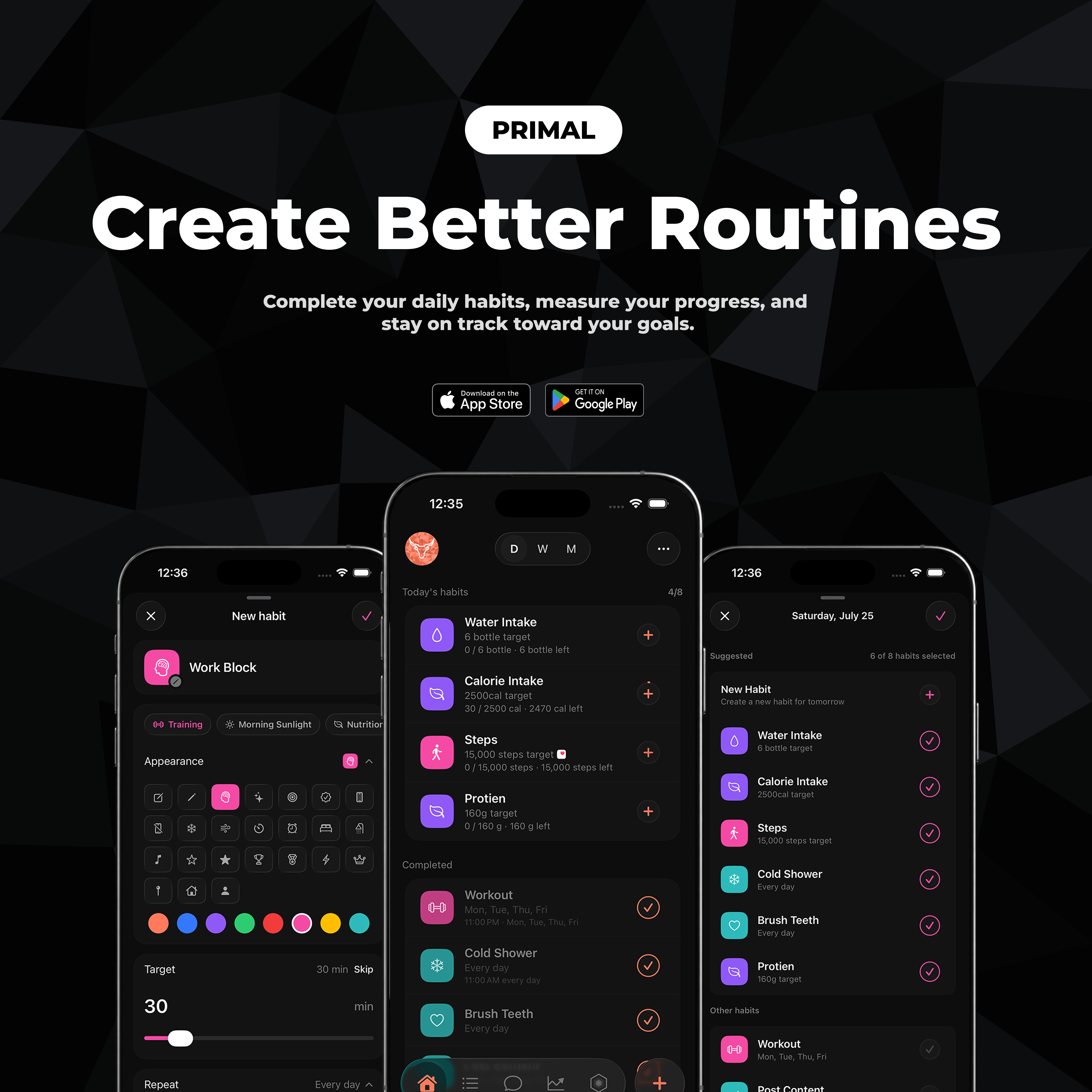 PRIMAL ad — Create Better Routines habit screens