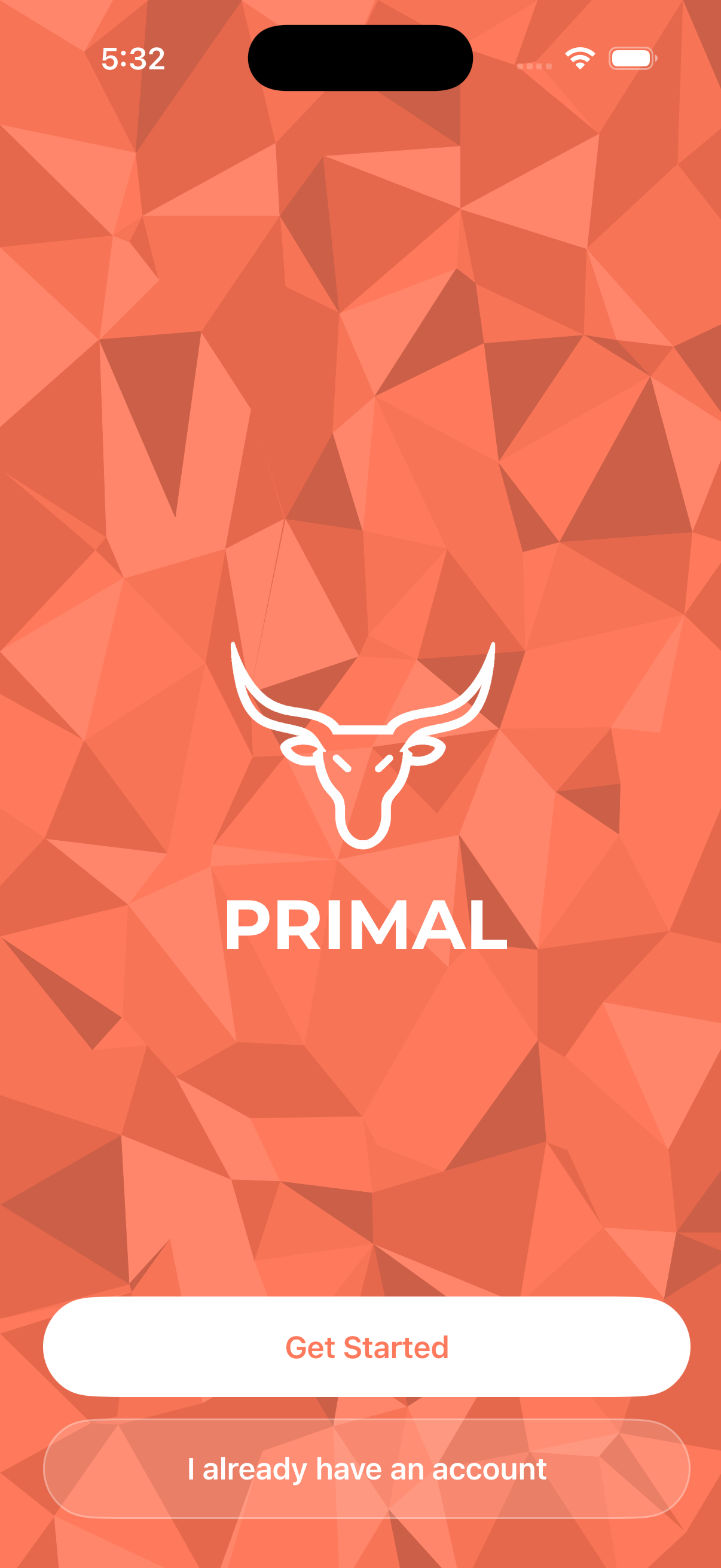 PRIMAL app launch screen — coral background, bull mark, Get Started