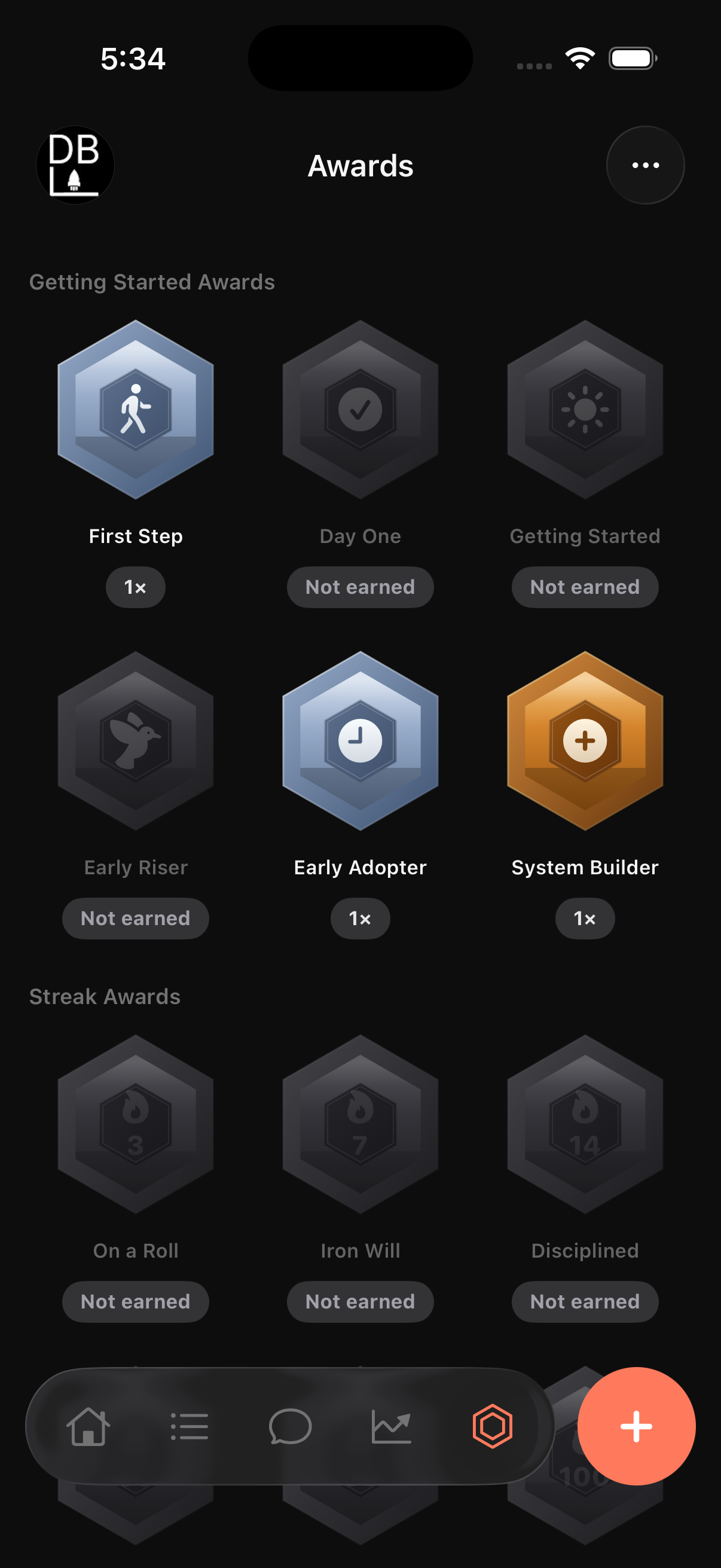 PRIMAL Awards — Getting Started and Streak hexagonal badges