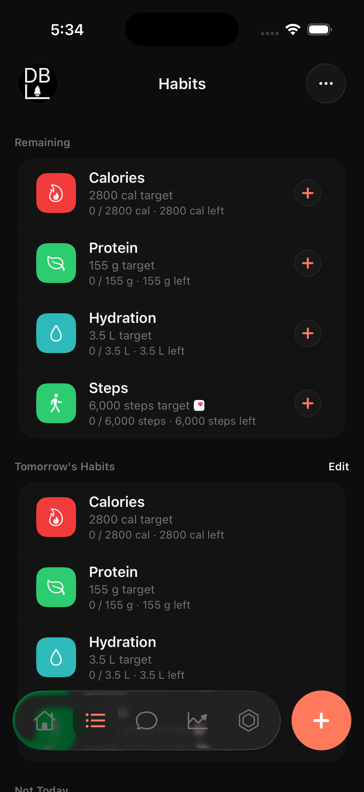 PRIMAL Habits tab — Remaining, Tomorrow's Habits, and Not Today