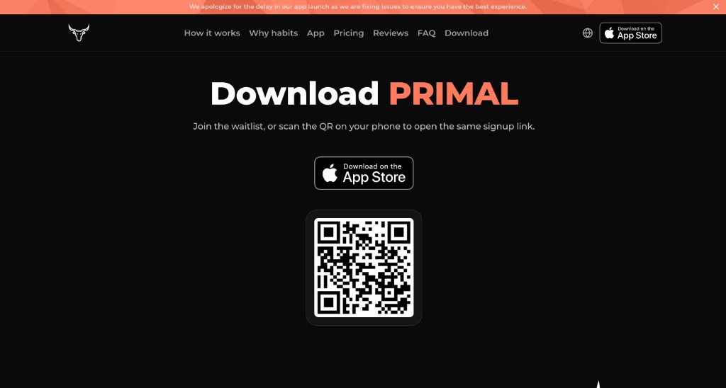 PRIMAL download page — App Store and Google Play