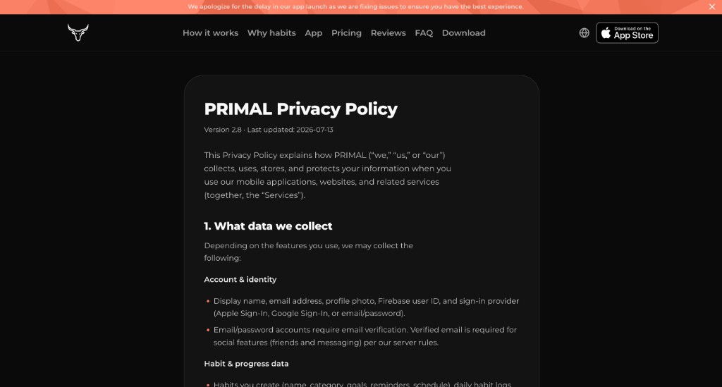 PRIMAL privacy policy page