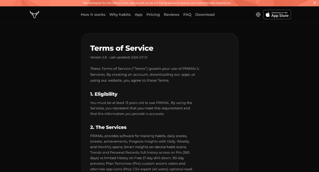 PRIMAL terms of service page