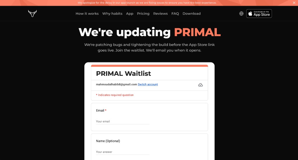 PRIMAL waitlist page