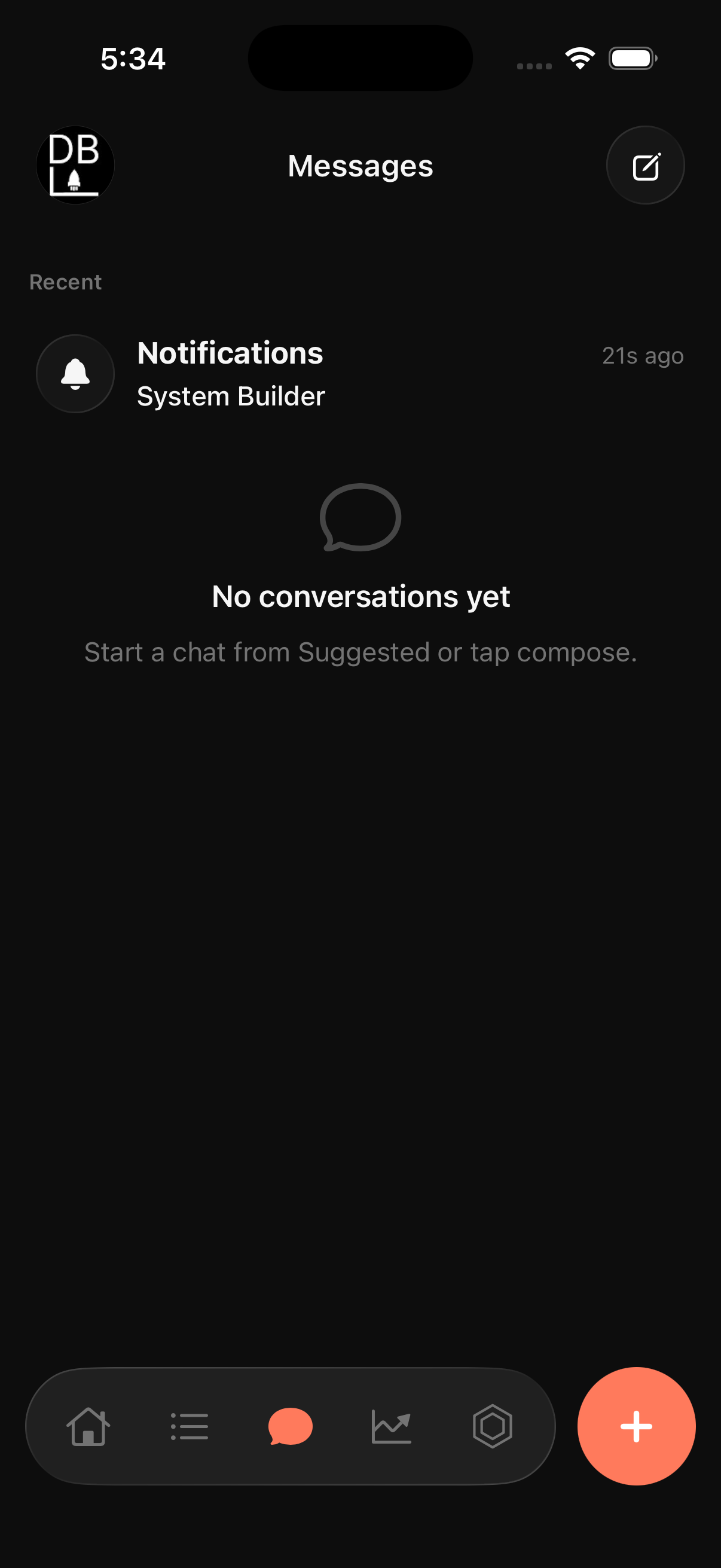 PRIMAL Messages tab — empty state and Notifications