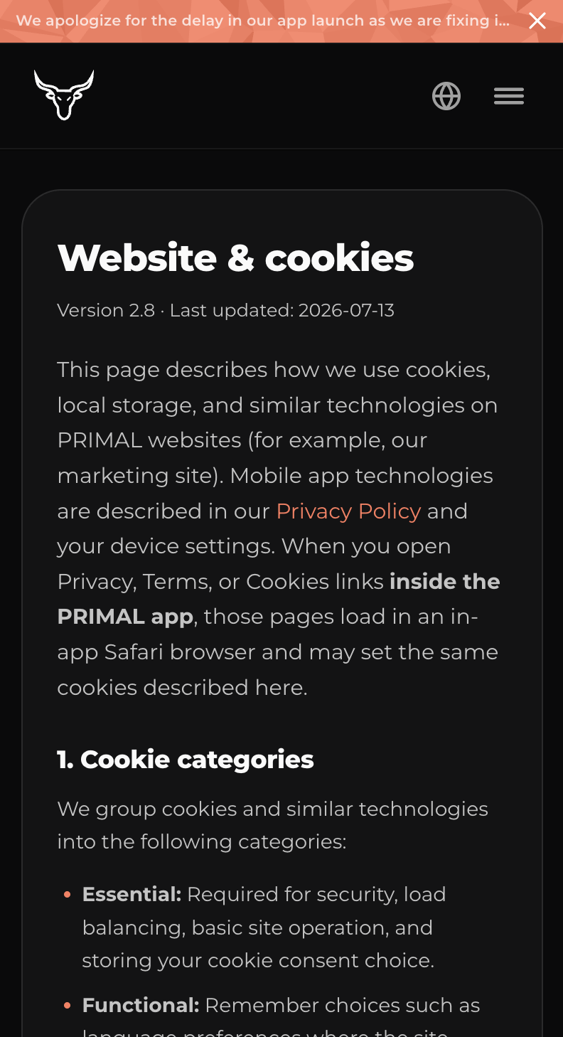 PRIMAL mobile website and cookies page