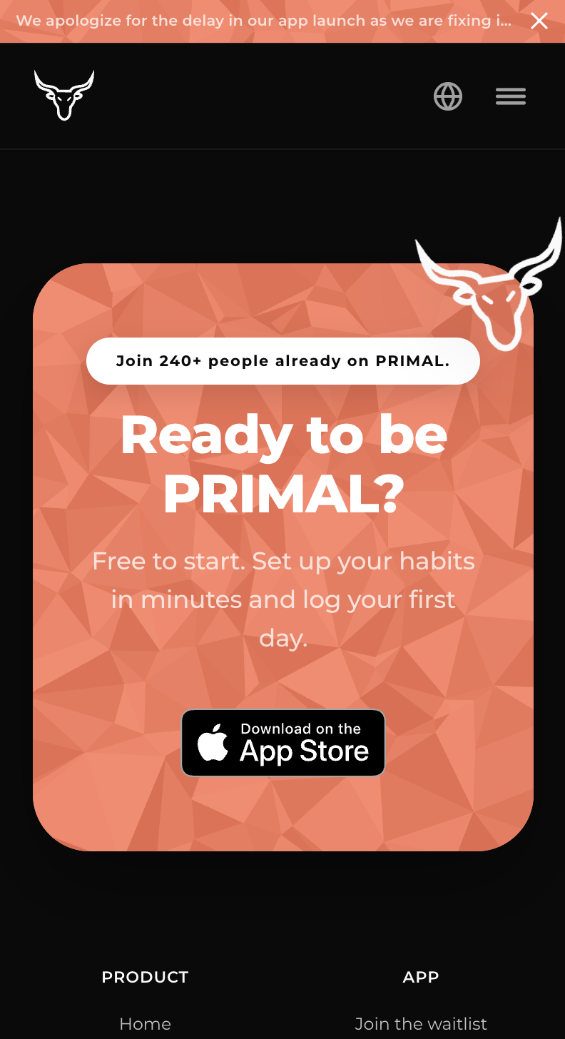PRIMAL mobile site — Ready to be PRIMAL CTA