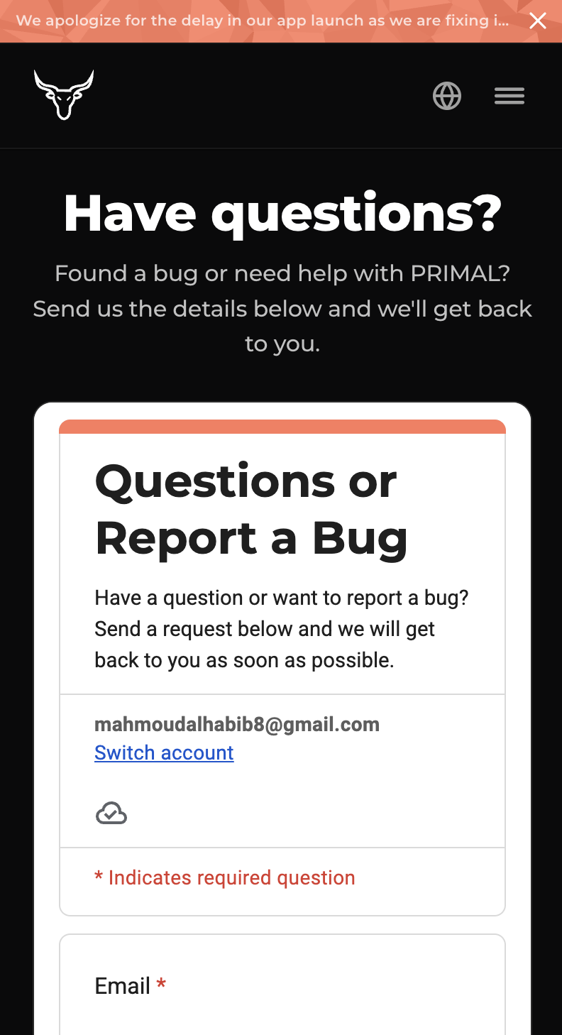 PRIMAL mobile Have Questions form