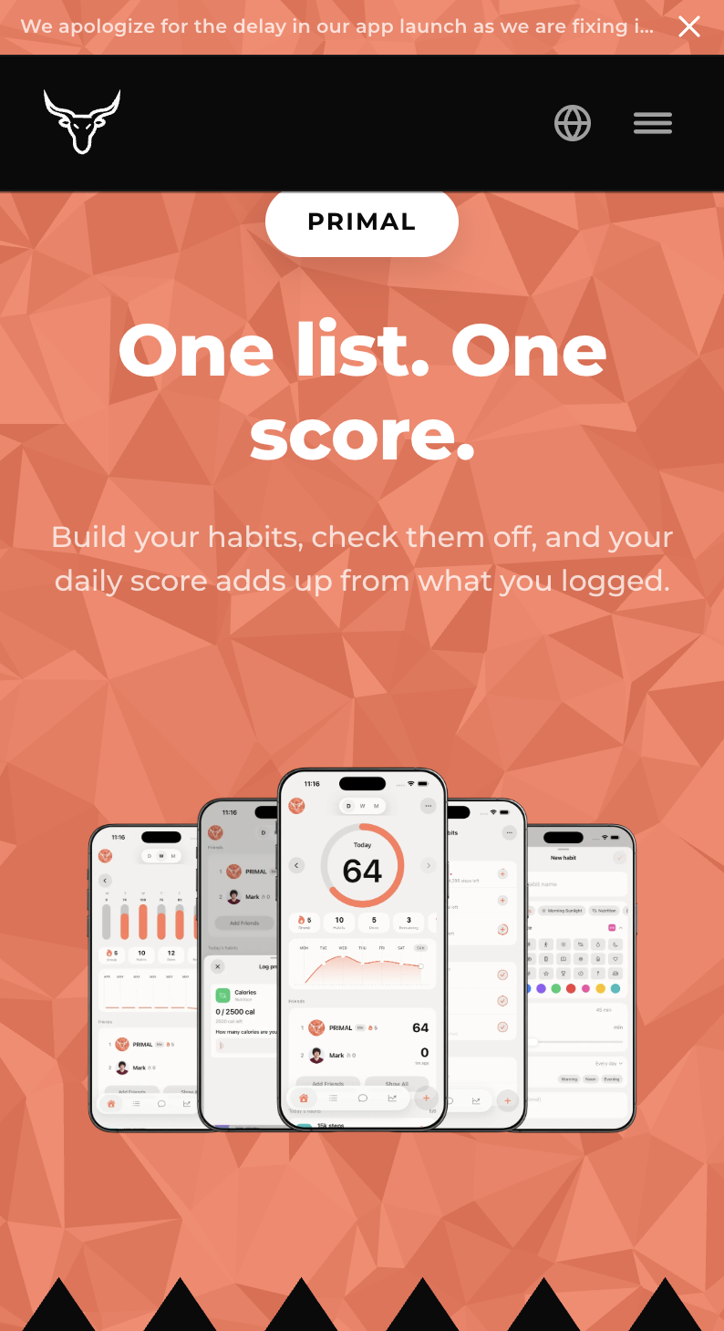 PRIMAL mobile site — One list. One score. section