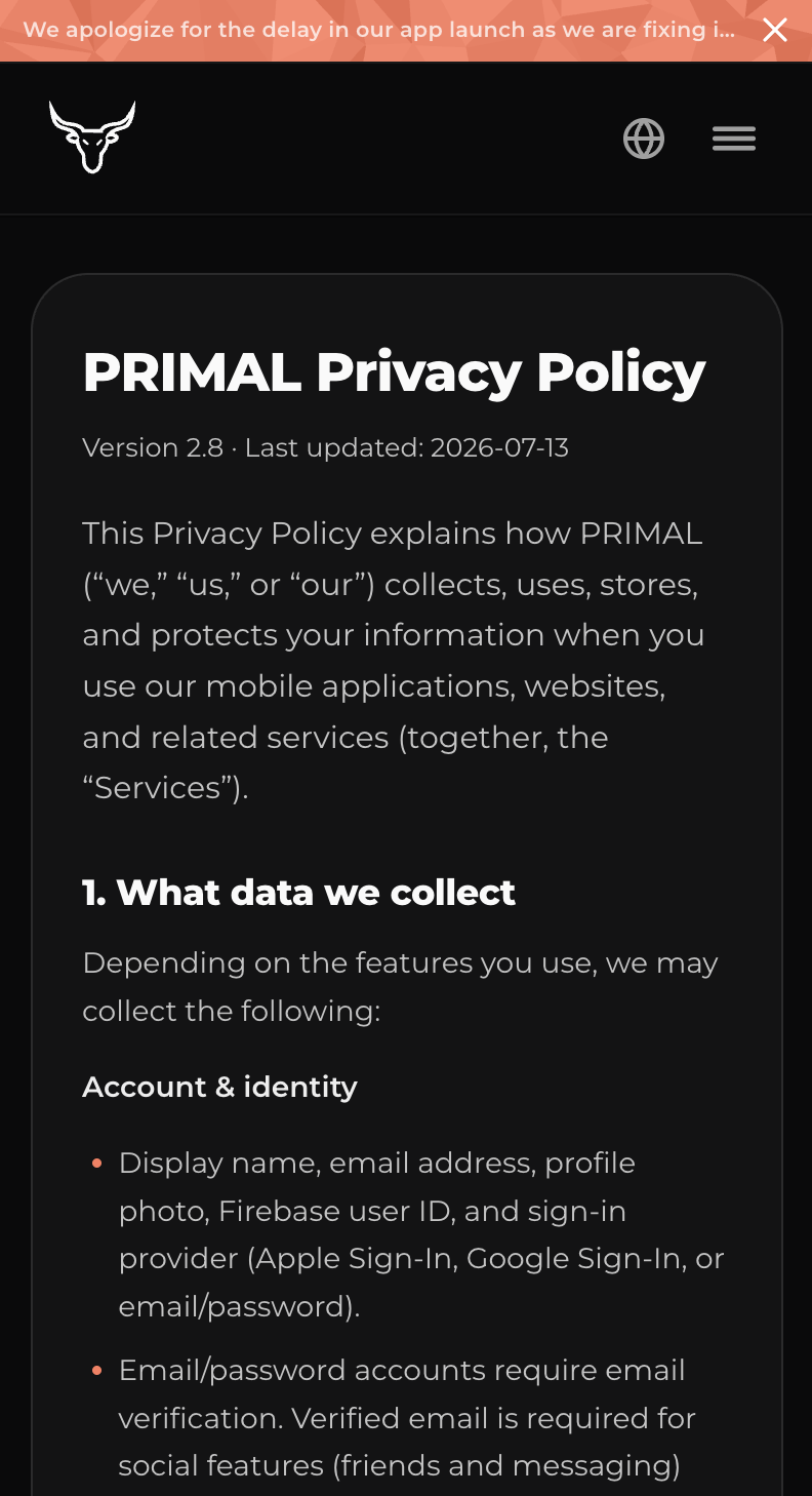 PRIMAL mobile privacy policy