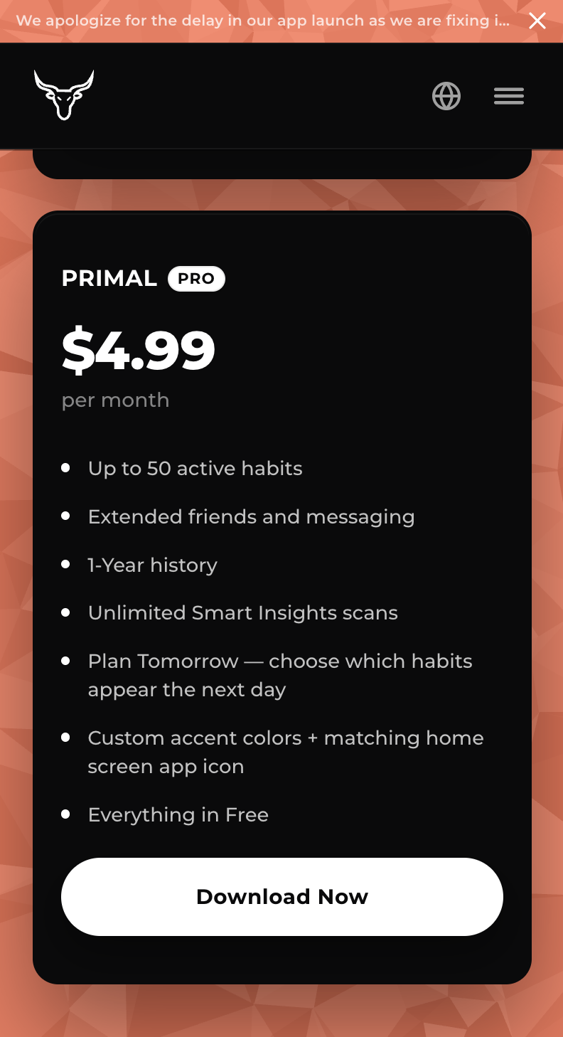 PRIMAL mobile site — Pro pricing card