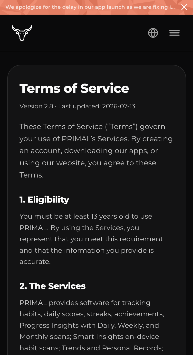 PRIMAL mobile terms of service