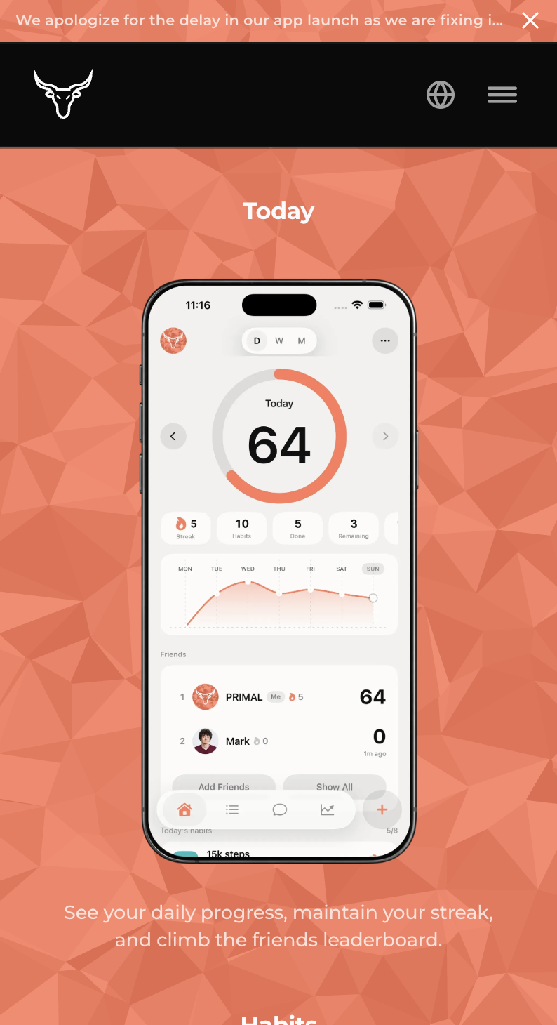 PRIMAL mobile site — Today section