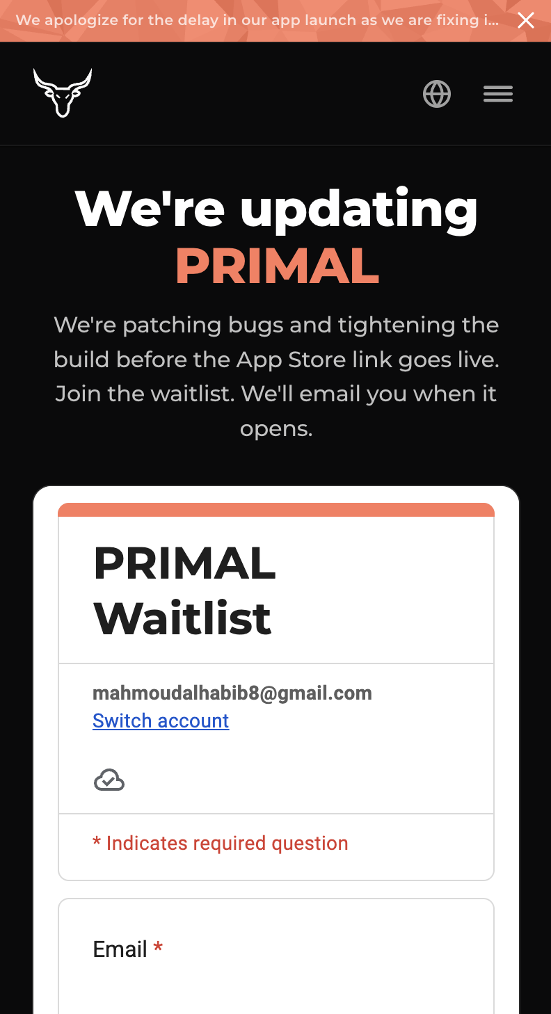 PRIMAL mobile waitlist form