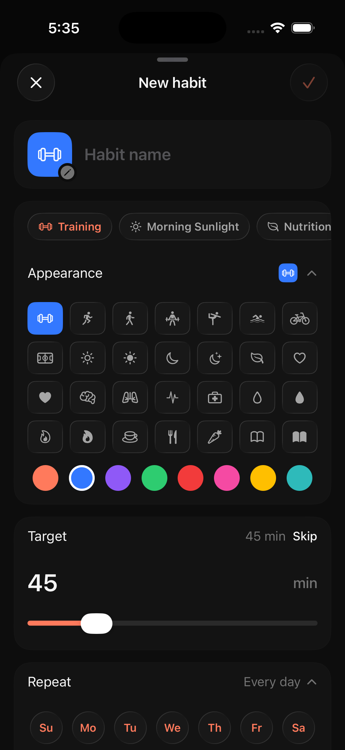PRIMAL New habit — category, icon, color, target slider, and repeat days