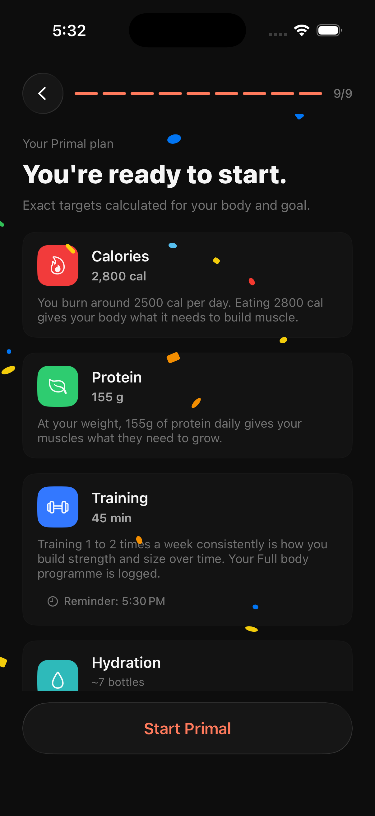 PRIMAL onboarding — calculated calorie, protein, training, and hydration plan