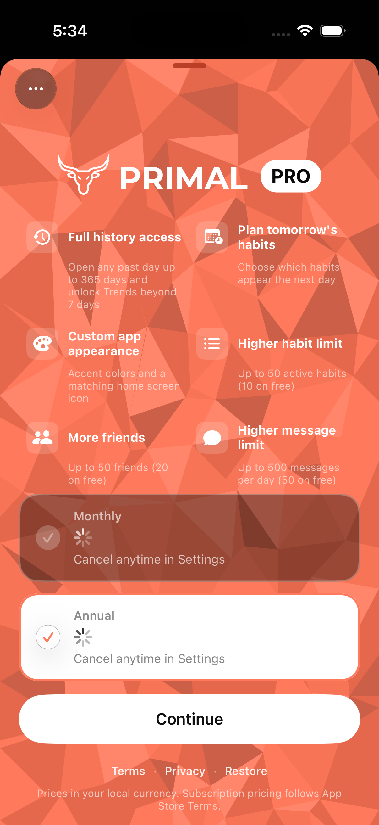 PRIMAL Pro paywall — feature tiles and Monthly vs Annual
