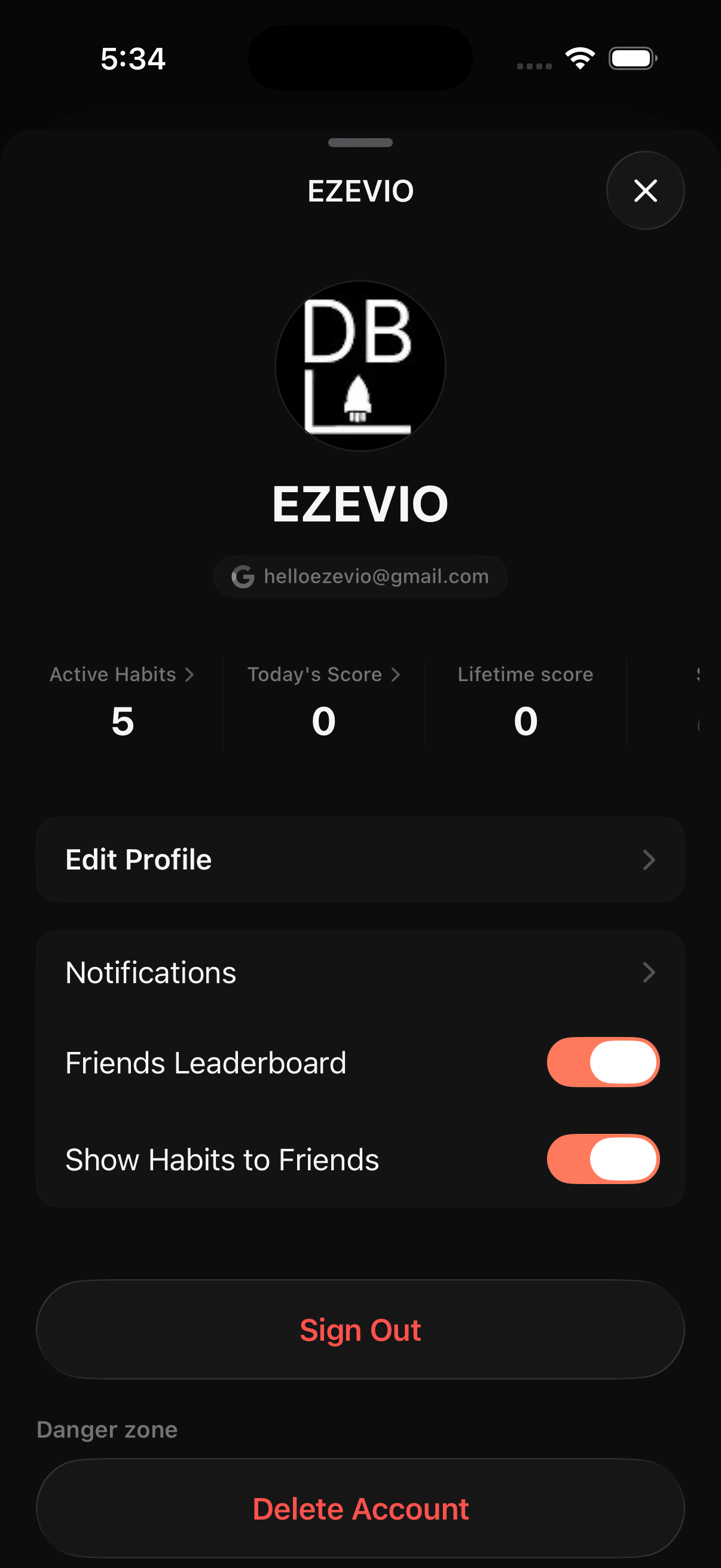 PRIMAL profile — stats, friend privacy toggles, sign out, and delete account