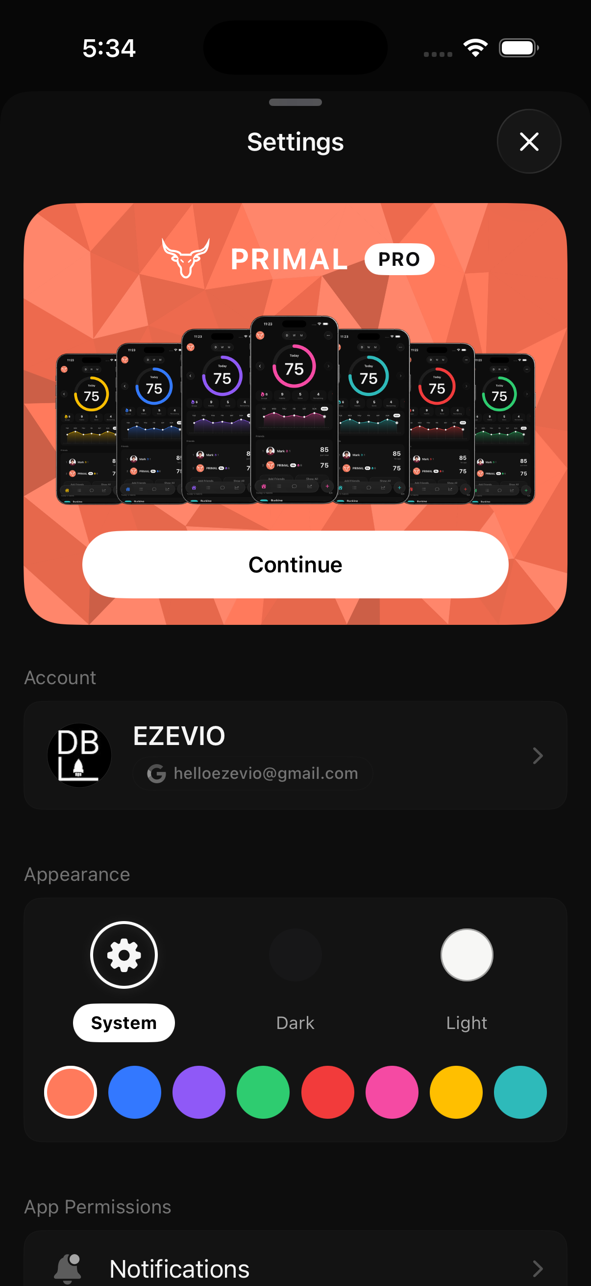 PRIMAL Settings — Pro upgrade card and appearance color picker