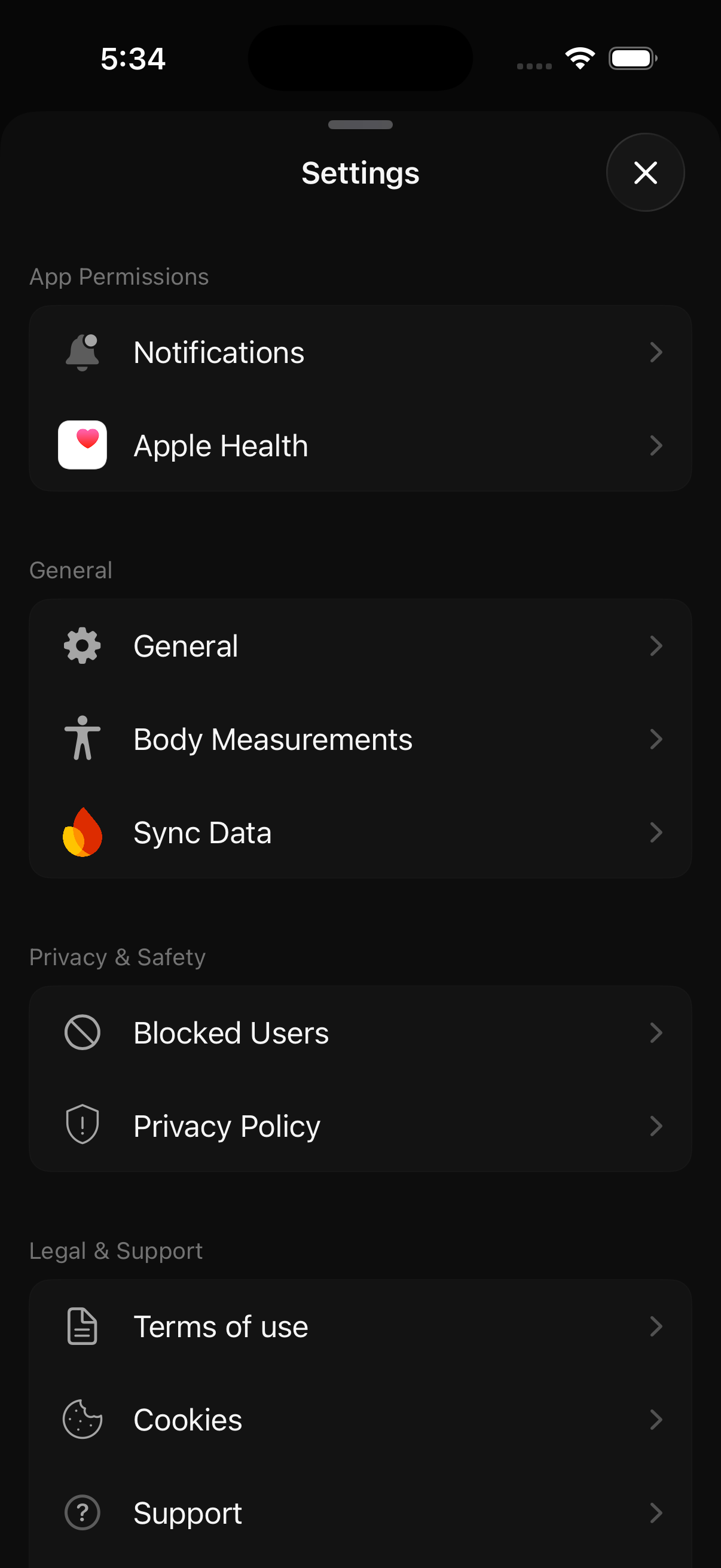 PRIMAL Settings — permissions, Apple Health, privacy, and legal