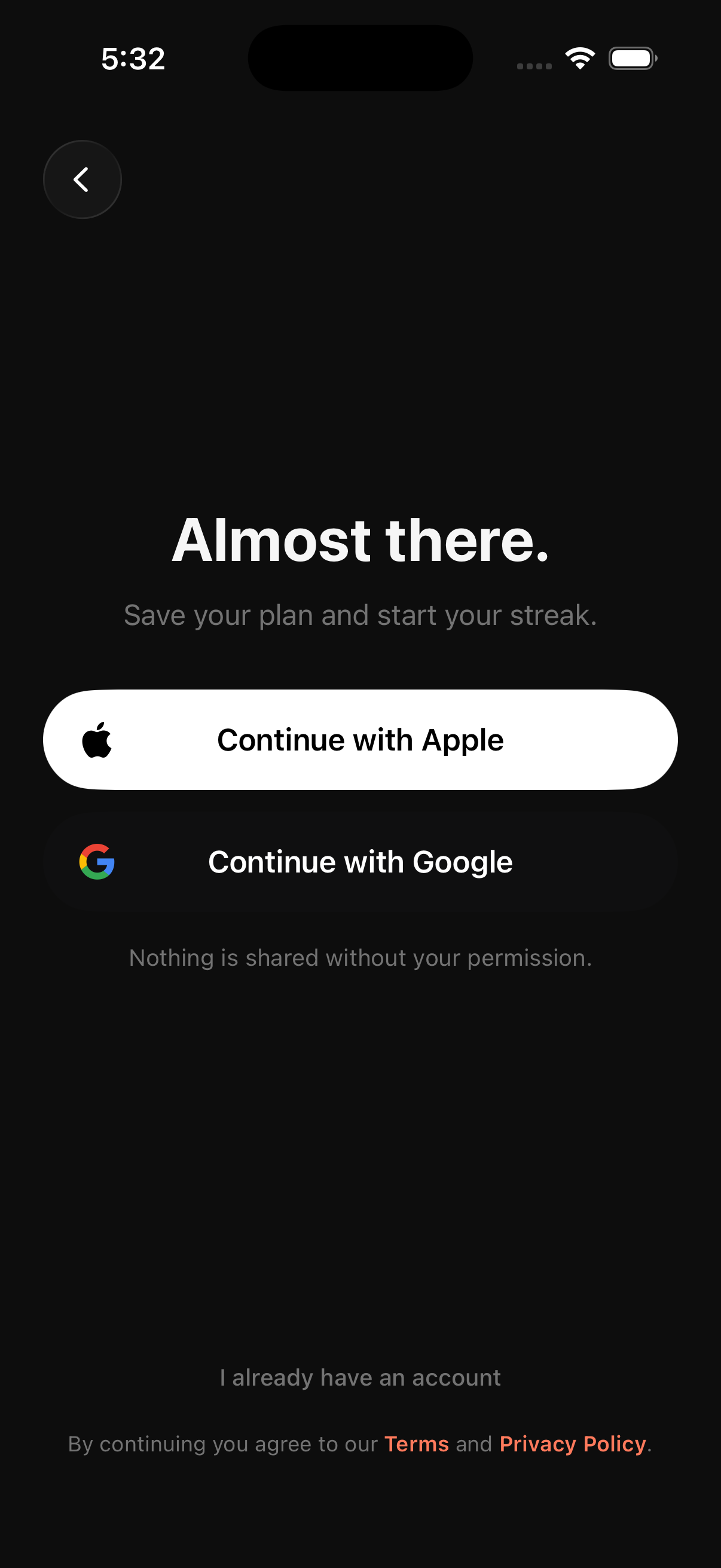 PRIMAL sign-in — Continue with Apple and Continue with Google
