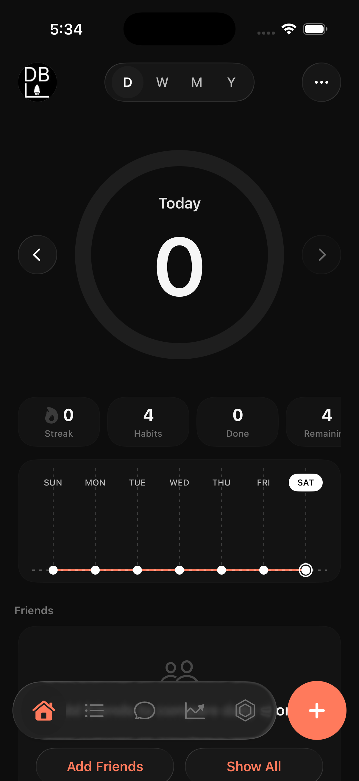 PRIMAL Today tab — circular daily score, stats, and 7-day trend