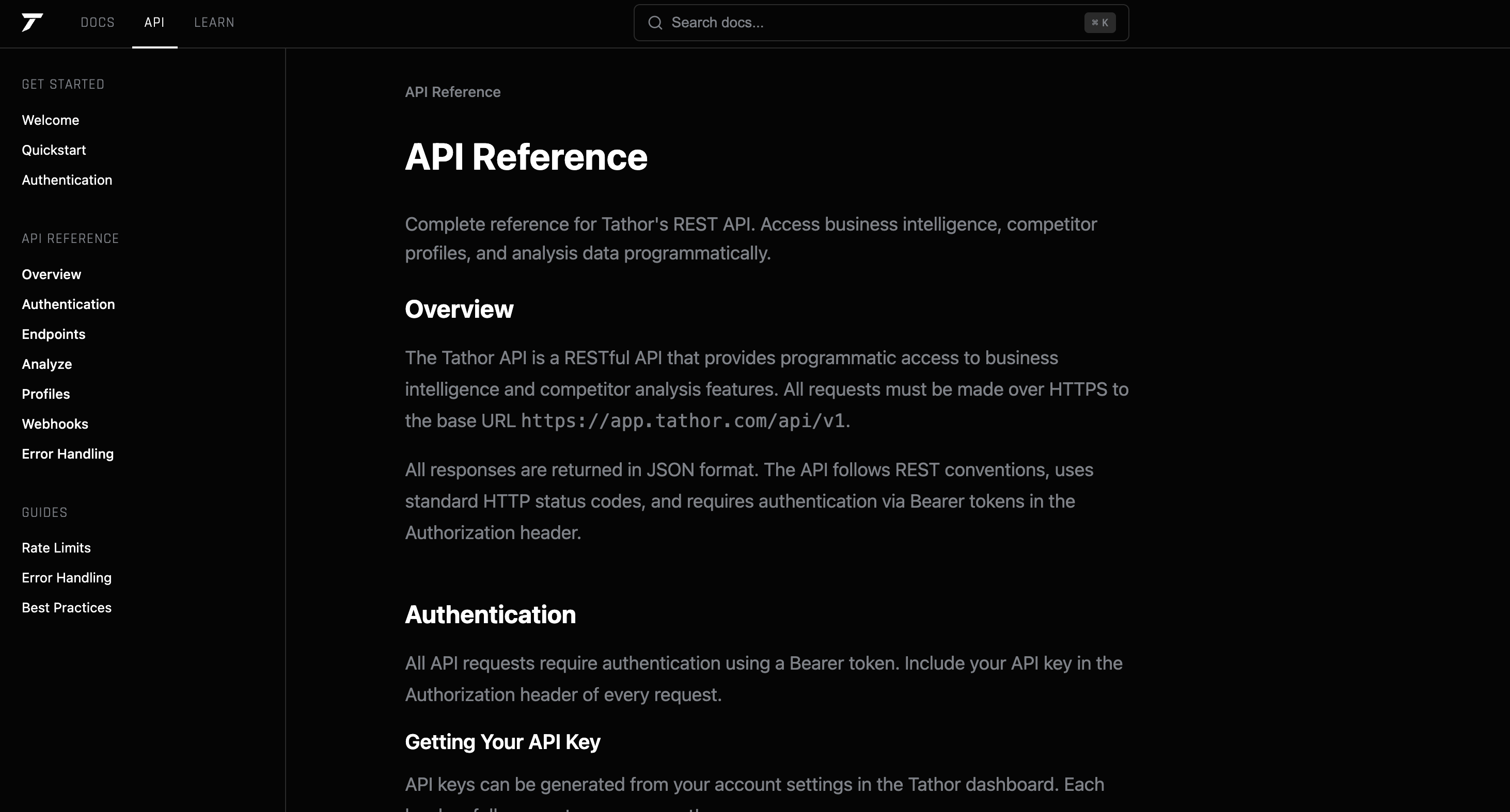 Tathor API Reference — REST docs overview and authentication