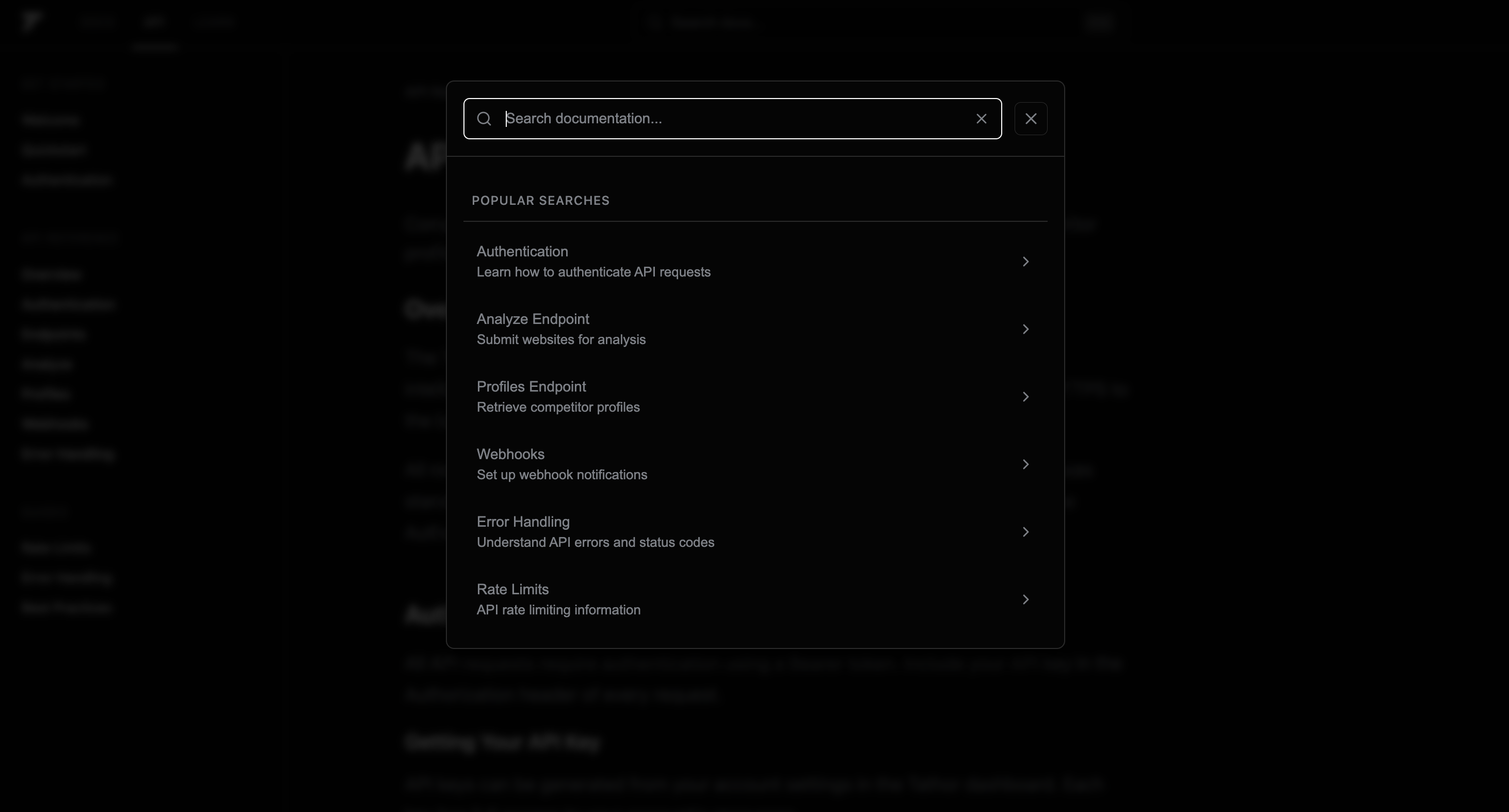 Tathor API docs search — popular endpoint searches
