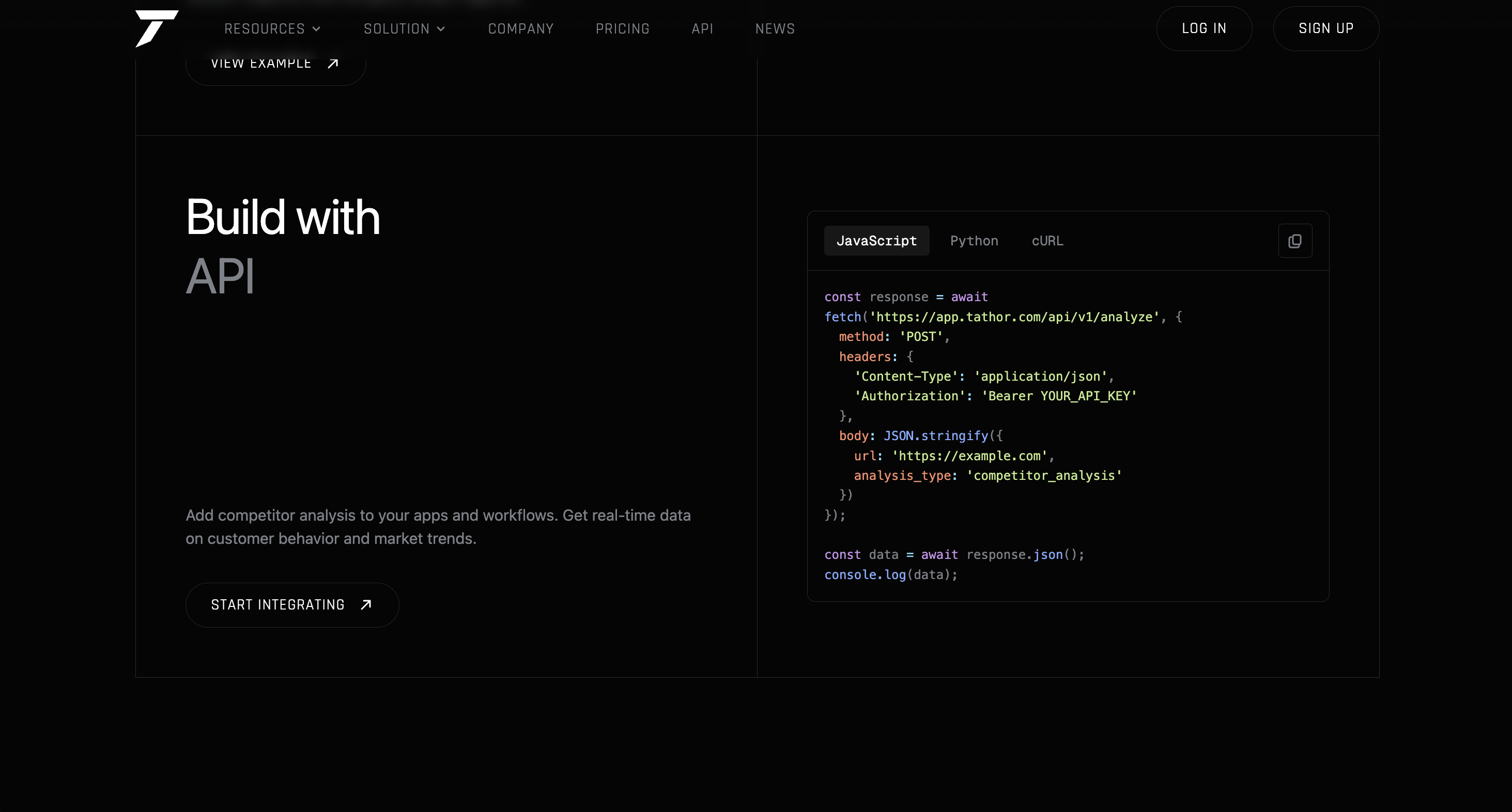 Tathor Build with API — live JavaScript, Python, and cURL code samples