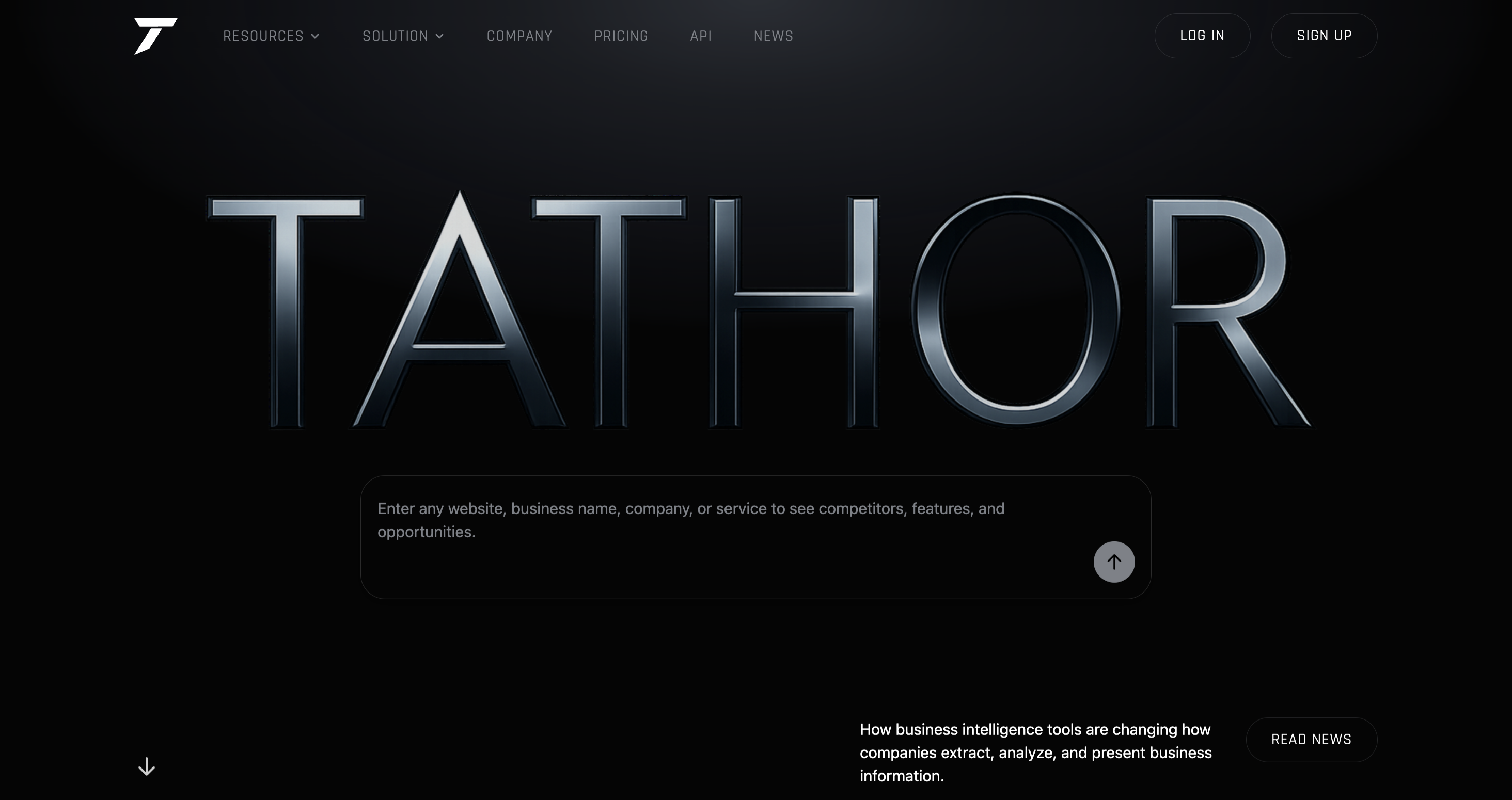 Tathor homepage hero — chrome wordmark and competitor search field