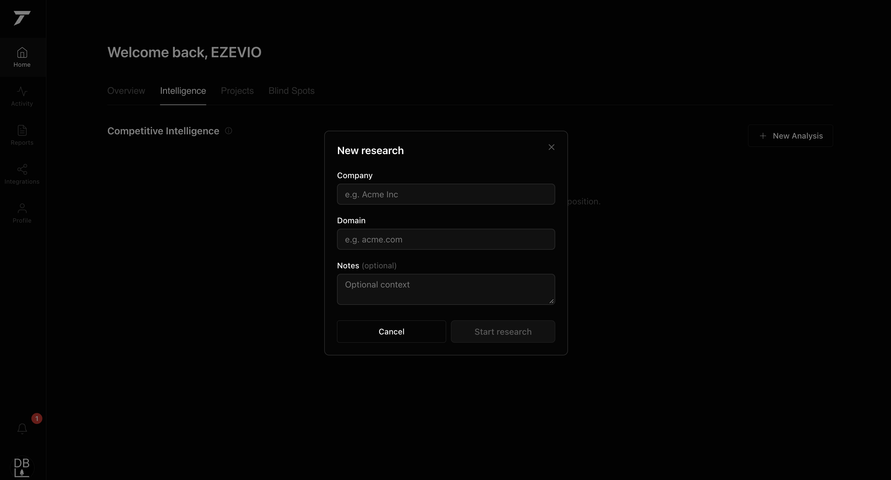 Tathor dashboard Intelligence — New research modal