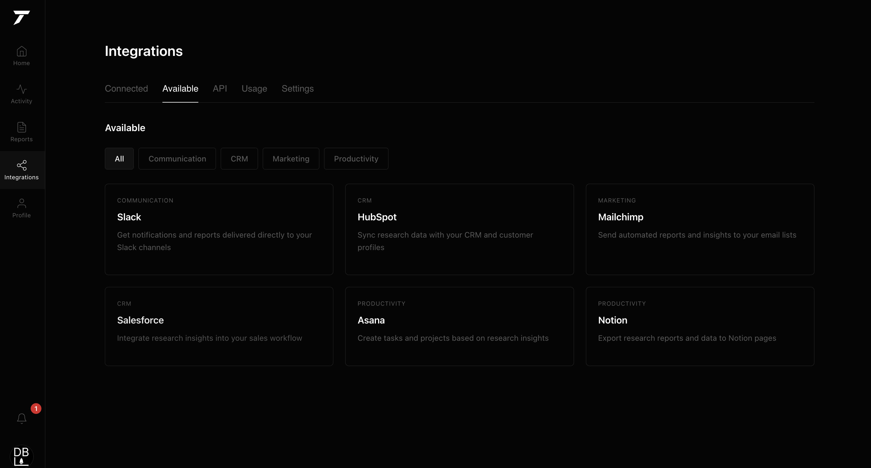 Tathor Integrations — available Slack, HubSpot, Mailchimp, Salesforce, Asana, Notion
